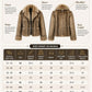 A women's size chart for fur jackets from Home of Leather, featuring body measurements in inches with labeled garment dimensions and illustrated jacket views on a beige background.