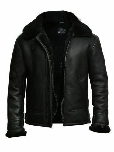 B004 Men's Black Aviator Real Sheep Leather Genuine Fur Biker Winter Jacket | On Sale