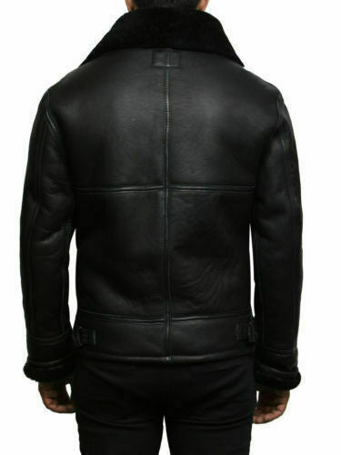 B004 Men's Black Aviator Real Sheep Leather Genuine Fur Biker Winter Jacket | On Sale