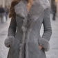 Women Classic Retro Vintage Grey Fur Genuine Sheepskin Leather Coat