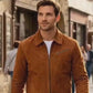 M045 Men Style Brown Ribbed Genuine Suede Leather Jacket Vintage Coat
