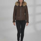 F004 Women's Suede Bomber Soft Shearling Genuine Leather Stylish Detachable Hood Brown Jacket