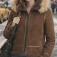 F004 Women's Suede Bomber Soft Shearling Genuine Leather Stylish Detachable Hood Brown Jacket