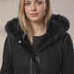 F005 Women's Suede Bomber Soft Suede Texture Shearling Genuine Leather Stylish Detachable Hood Jacket