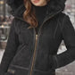 F005 Women's Suede Bomber Soft Suede Texture Shearling Genuine Leather Stylish Detachable Hood Jacket