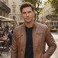 M078 New Men Army Style Classic Motorcycle Biker Real Leather Genuine Jacket Brown