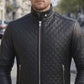 M068 Quilted Black Fashion Cafe Racer Real Leather Jacket For Men