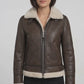 F015 Women's Army Classic Aviator Real leather Biker Shearling Fur Jacket Brown
