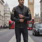 M070 Men UK Flag Real Leather Biker Jacket Black - Cafe Racer Jacket