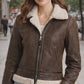 F015 Women's Army Classic Aviator Real leather Biker Shearling Fur Jacket Brown