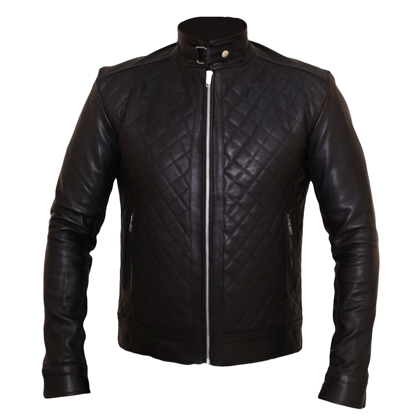M068 Quilted Black Fashion Cafe Racer Real Leather Jacket For Men