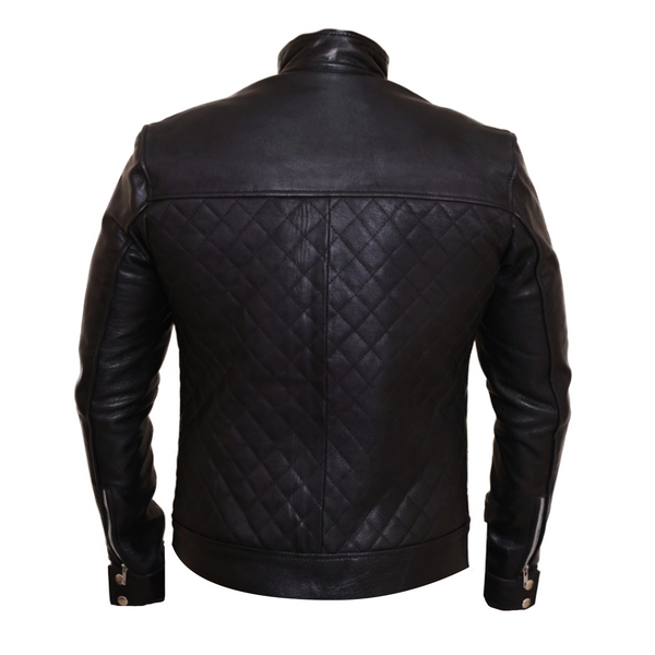 M068 Quilted Black Fashion Cafe Racer Real Leather Jacket For Men