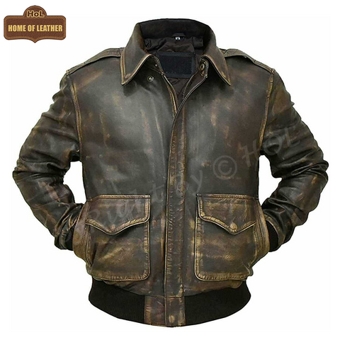 M013 Brown Aviator Distress A-2 Flying Army Style Bomber Flight Jacket For Men