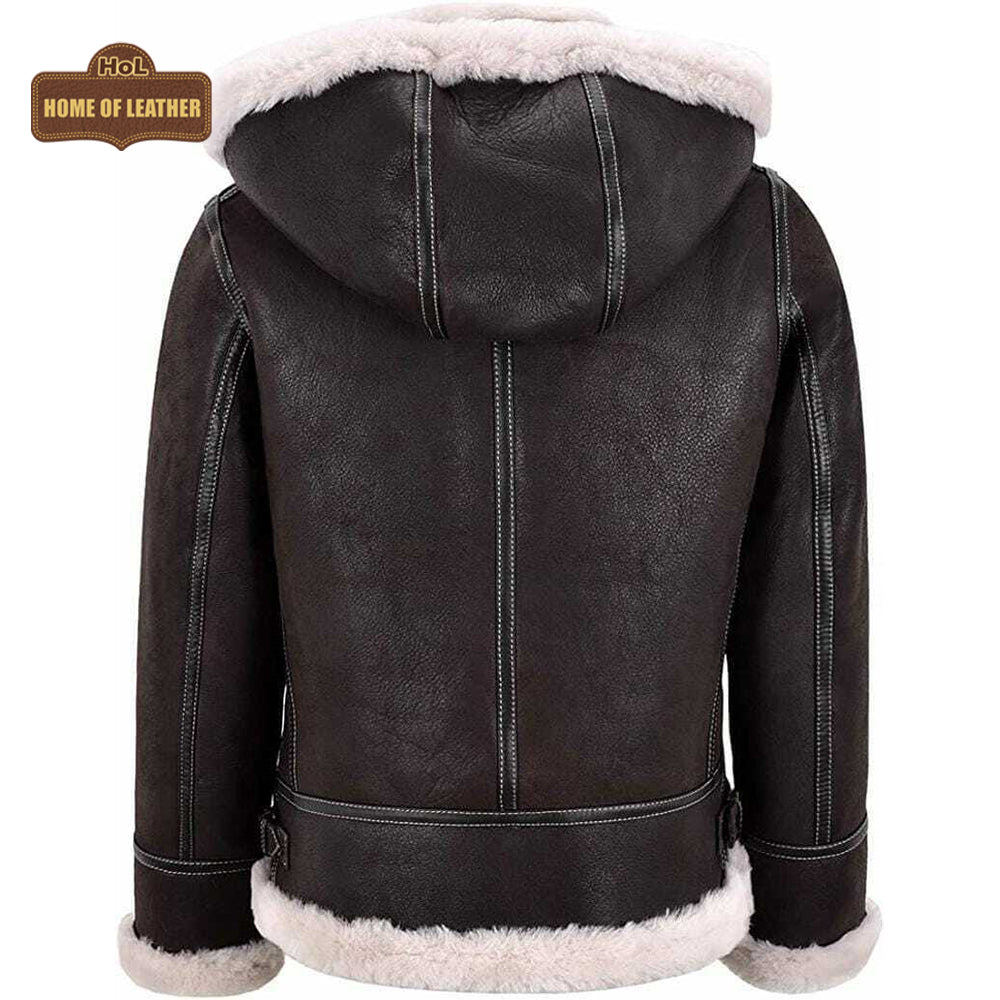 B005 Men's Bomber Real Shearling fur Sheep Skin Leather RAF B3 Biker Hooded Classic Jacket