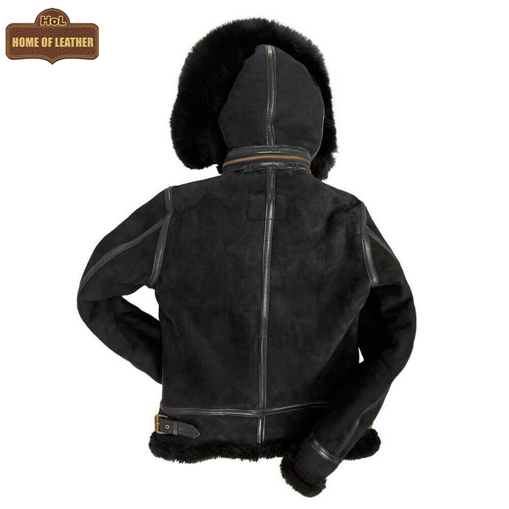 F005 Women's Suede Bomber Soft Suede Texture Shearling Genuine Leather Stylish Detachable Hood Jacket