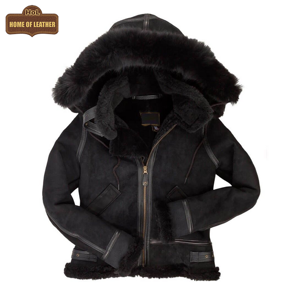 F005 Women's Suede Bomber Soft Suede Texture Shearling Genuine Leather Stylish Detachable Hood Jacket