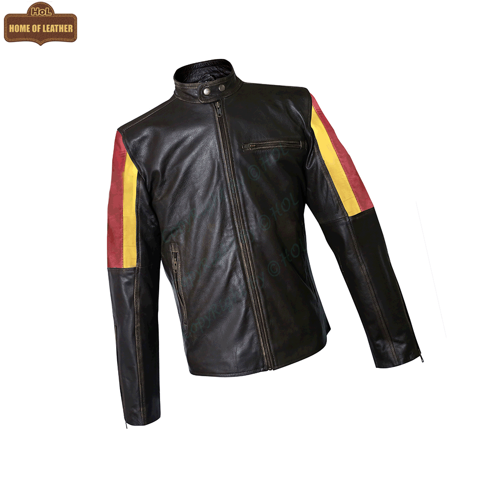 M019 HoL Brand German Flag Brown Genuine Leather Jacket For Men's