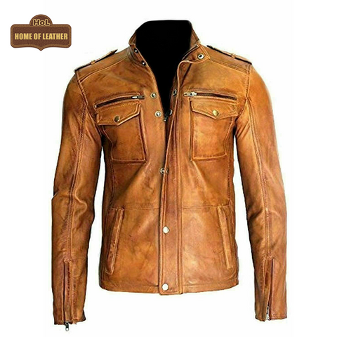 M025 Men's Motorcycle Real Leather Tan Brown Distressed Moto Biker Jacket