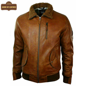M030 Men's Genuine Leather Hooded Fur Bomber Retro Aviator Brown Stylish Jacket