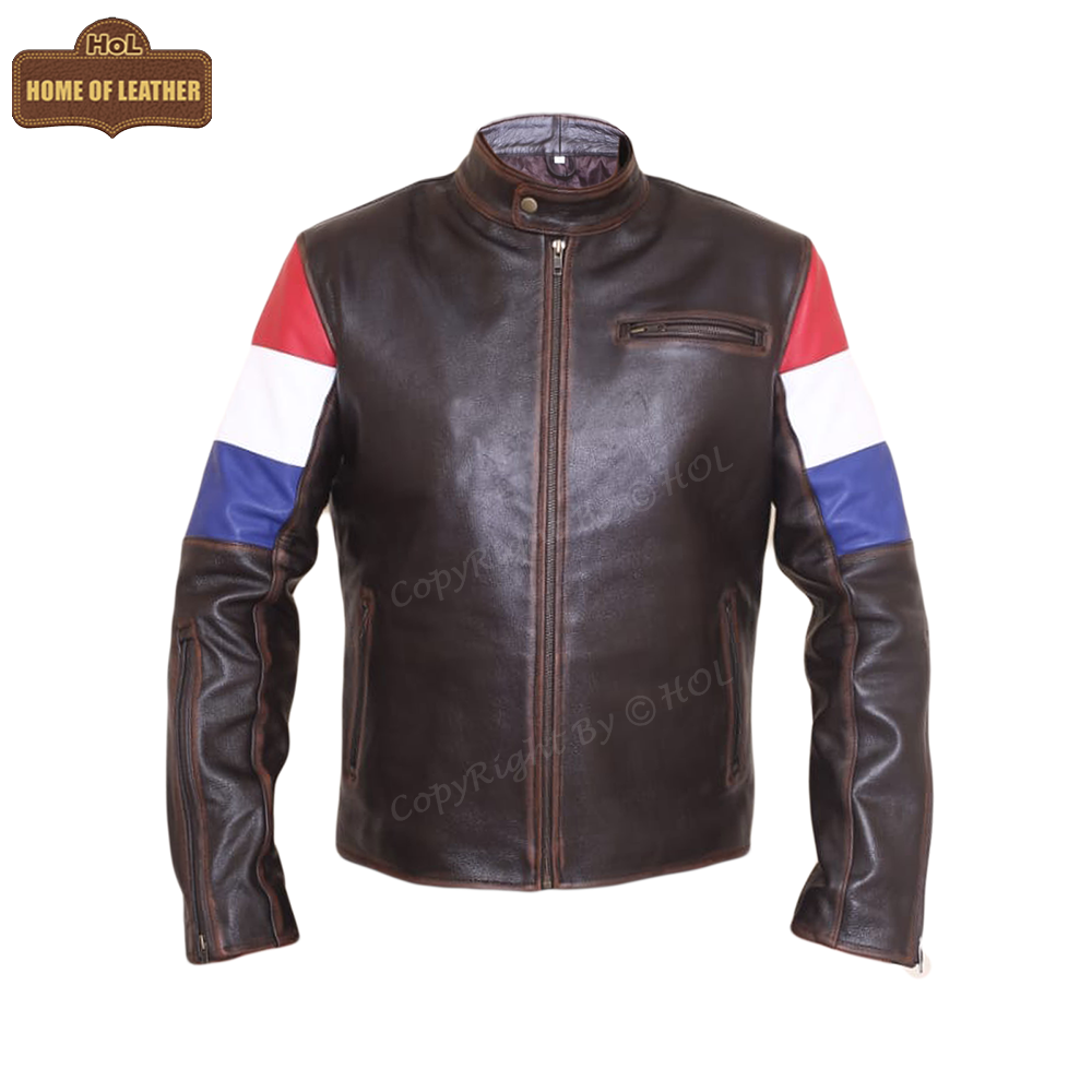 M033 HoL Brand Dutch Netherlands Flag Brown Genuine Leather Jacket For Men's