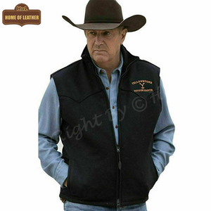 MDJ08 Yellowstone Men's Vest Wool Kevin Costner John Dutton Black Denim Jacket