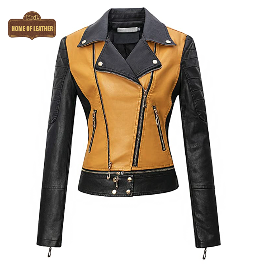 WLJ09 Women's Tanming Real Faux Leather Moto Girls Biker Slim Fit Jacket
