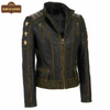 WLJ11 Women's Café Racer Star Slim Fit Stars Distressed Brown Classic Biker Leather Jacket