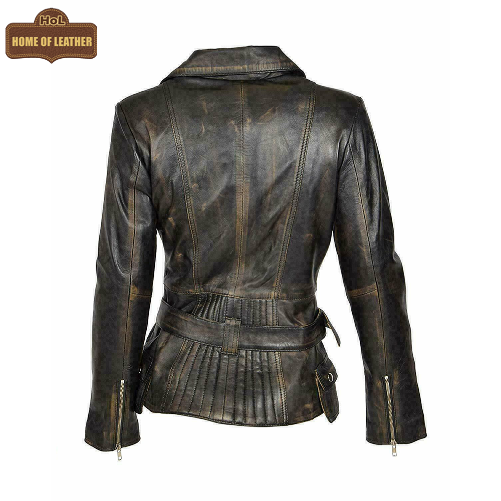 WLJ12 Vintage Women Café Racer Black Distressed Biker Real Leather Motorcycle Jacket