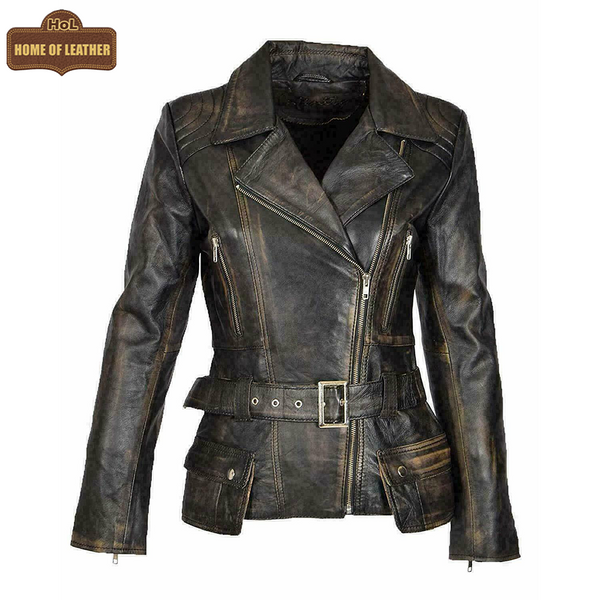 WLJ12 Vintage Women Café Racer Black Distressed Biker Real Leather Motorcycle Jacket