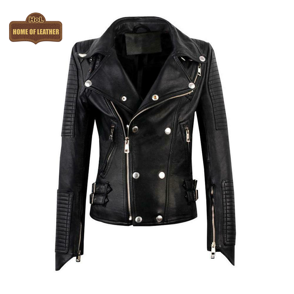 WLJ13 Women's Motorcycle Bomber Black Biker Real Leather Stylish Slim Fit Jacket