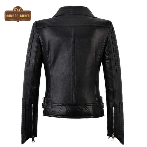 WLJ13 Women's Motorcycle Bomber Black Biker Real Leather Stylish Slim Fit Jacket