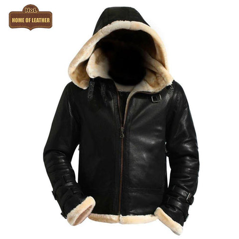 B001 B3 Black Removable Hood Fur Shearling Genuine Leather Bomber Black Jacket For Men - Home of Leather