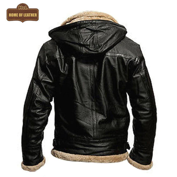 B001 B3 Black Removable Hood Fur Shearling Genuine Leather Bomber Black Jacket For Men - Home of Leather