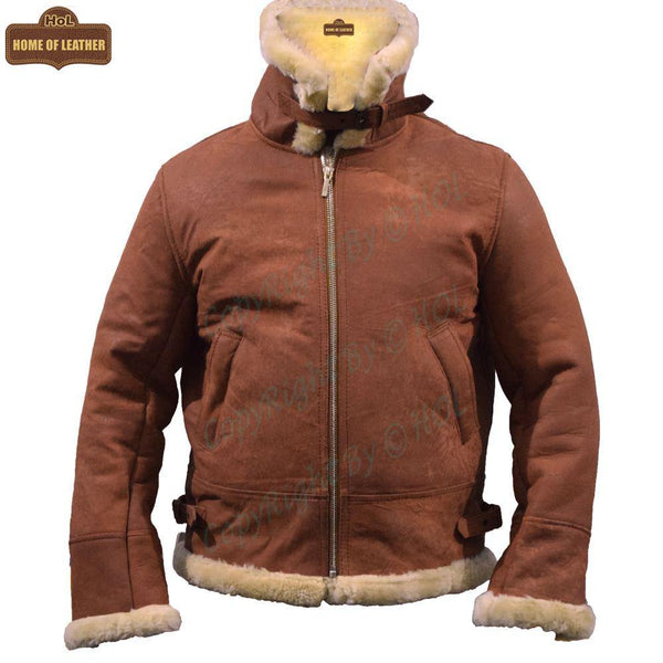 B002 B3 Brown Shearling Coat WWII Bomber Genuine Leather Aviator Style Jacket For Men - Home of Leather