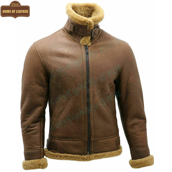 B002 B3 Brown Shearling Coat WWII Bomber Winter Warm Genuine Leather Jacket For Men - Home of Leather