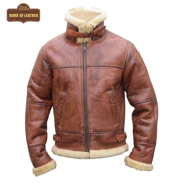 B003 B3 Brown Shearling Coat WWII Bomber Sheep Leather Aviator Jacket For Men's - Home of Leather