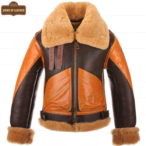 B016 Two Tone RAF Bomber Brown Real Sheepskin Shearling Men's Jacket - Home of Leather