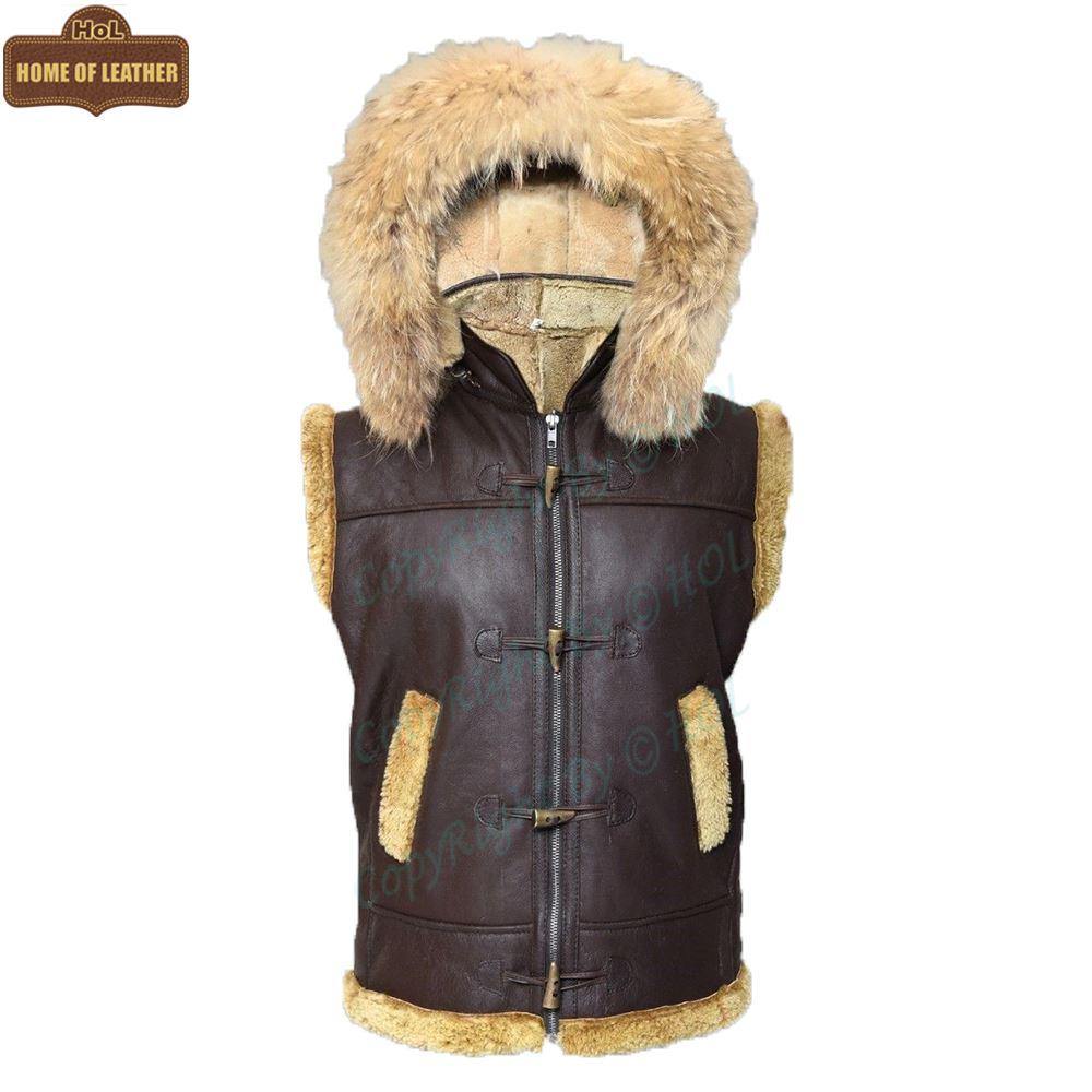 B017 RAF Fur Shearling Brown Hood Genuine Leather Jacket Men's Winter Fashion Vest - Home of Leather