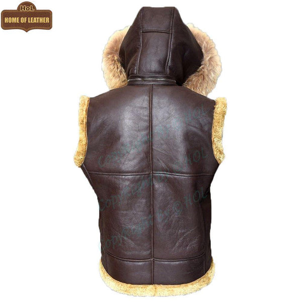 B017 RAF Fur Shearling Brown Hood Genuine Leather Jacket Men's Winter Fashion Vest - Home of Leather