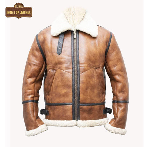 B023 Men's Fashion Fur Shearling Brown Bomber Winter Warm Real Leather Jacket - Home of Leather