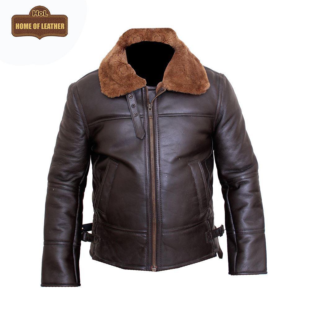 B025 Fur Shearling Men Warm Bomber Brown Genuine Leather Jacket Winter Coat - Home of Leather