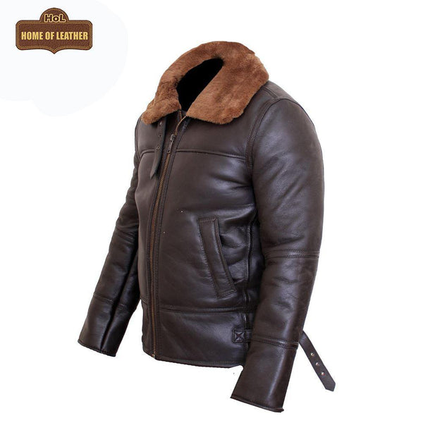 B025 Fur Shearling Men Warm Bomber Brown Genuine Leather Jacket Winter Coat - Home of Leather
