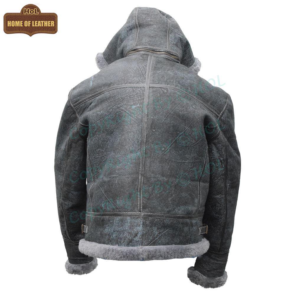 B027 Men's Vintage Distressed Winter Real Leather Fur Jacket Removable Hood - Home of Leather