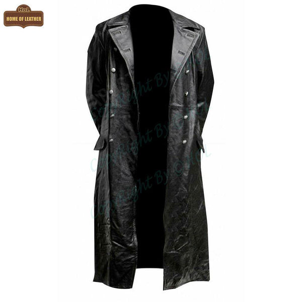 C004 Black German Classic Trench Genuine Jacket Leather Military Men's Fashion Coat - Home of Leather
