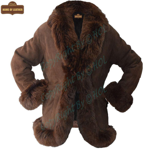F002 HoL Women's Real Brown Real Sheep Shearling Fur Coat - Home of Leather