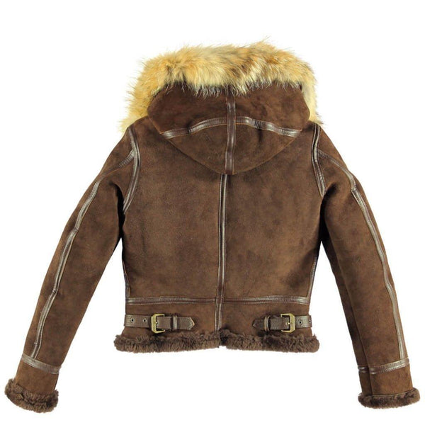 Women's F004 Suede Bomber Soft Shearling Genuine Leather Stylish Detachable Hood Brown Jacket - Home of Leather