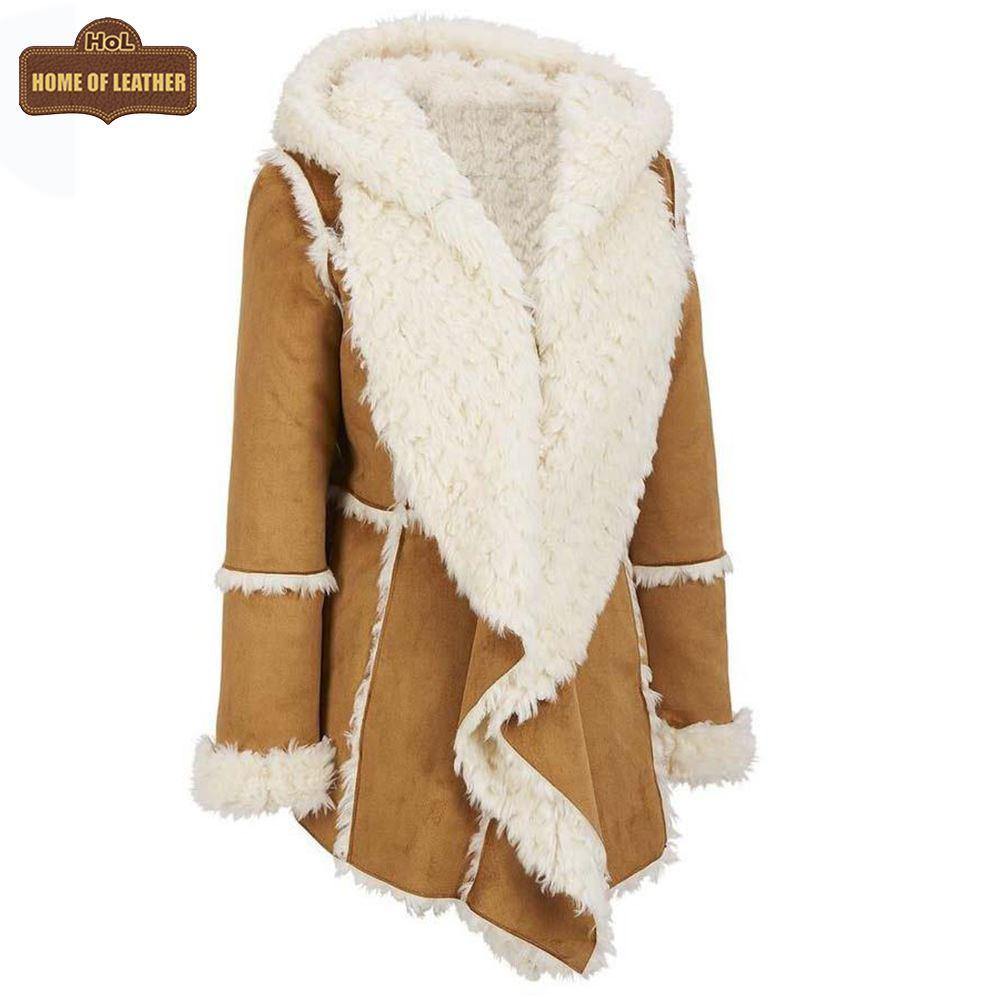 Camel Brown F009 Hooded Real Suede Leather Real Shearling Fur Overcoat - Home of Leather