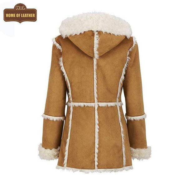 Camel Brown F009 Hooded Real Suede Leather Real Shearling Fur Overcoat - Home of Leather