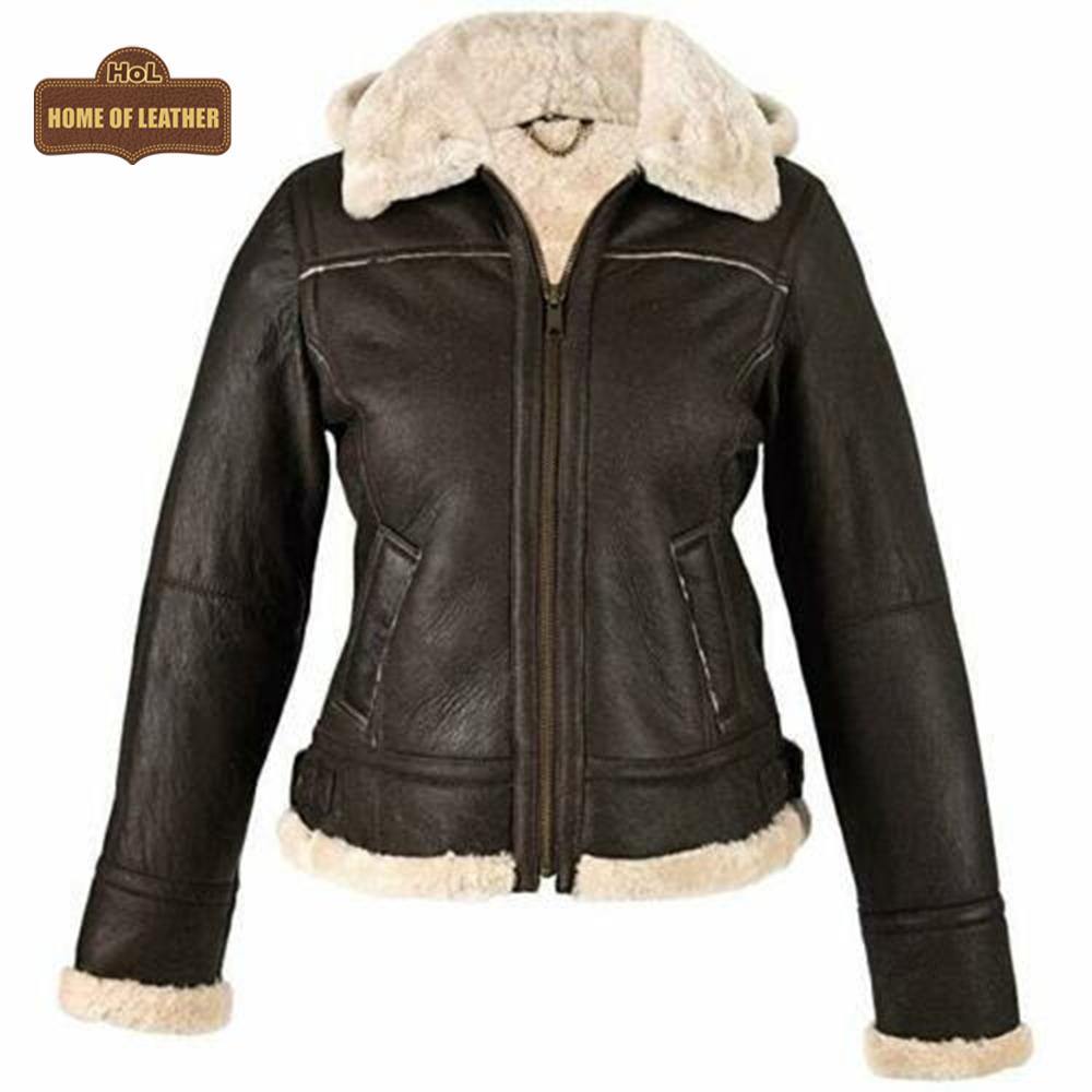 F010 Women's Hooded Bomber B3 Aviator RAF Genuine Fur Sheepskin Leather Jacket Women's Fur Jacket - Home of Leather 