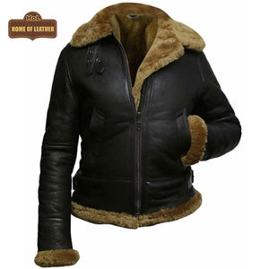 F011 Women Aviator Hooded B3 Bomber Fur Shearling Real Sheepskin Leather Jacket Women's Fur Jacket - Home of Leather 